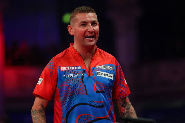 RECORD DATE NOT STATED 21st July 2026, Winter Gardens, Blackpool, Lancashire, England; 2026 Betfred World Matchplay Darts, Day Four; Nathan Aspinall reacts during his game against Luke Littler AidanxHunter