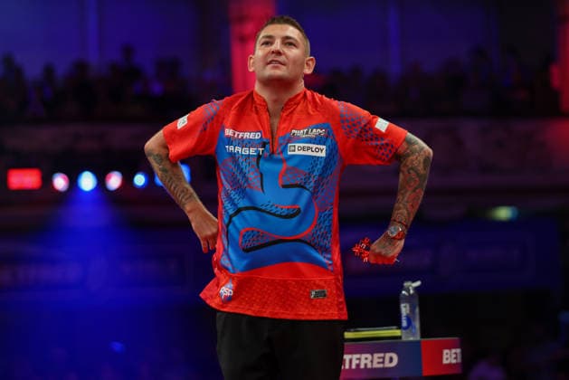 RECORD DATE NOT STATED 21st July 2026, Winter Gardens, Blackpool, Lancashire, England; 2026 Betfred World Matchplay Darts, Day Four; Nathan Aspinall reacts as Luke Littler throws to win the game AidanxHunter