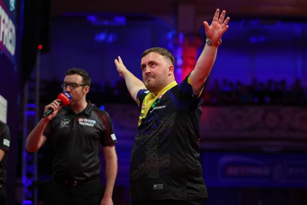 RECORD DATE NOT STATED 21st July 2026, Winter Gardens, Blackpool, Lancashire, England; 2026 Betfred World Matchplay Darts, Day Four; Luke Littler celebrates after winning his game against Nathan Aspinall AidanxHunter