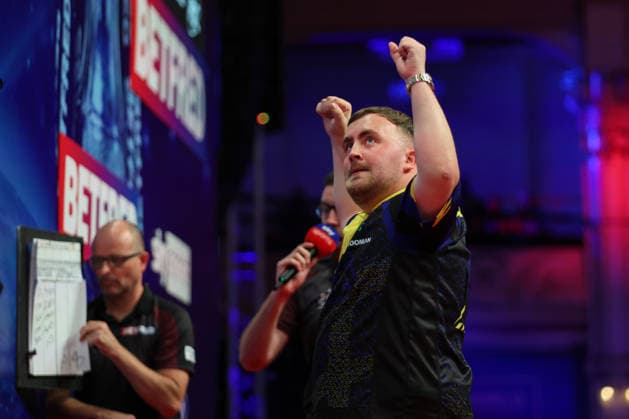 RECORD DATE NOT STATED 21st July 2026, Winter Gardens, Blackpool, Lancashire, England; 2026 Betfred World Matchplay Darts, Day Four; Luke Littler celebrates after winning his game against Nathan Aspinall AidanxHunter