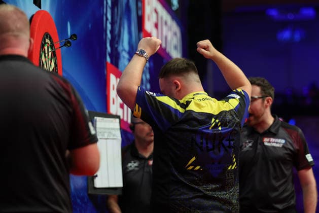 RECORD DATE NOT STATED 21st July 2026, Winter Gardens, Blackpool, Lancashire, England; 2026 Betfred World Matchplay Darts, Day Four; Luke Littler celebrates after winning his game against Nathan Aspinall AidanxHunter
