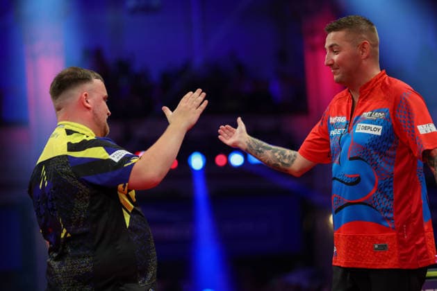RECORD DATE NOT STATED 21st July 2026, Winter Gardens, Blackpool, Lancashire, England; 2026 Betfred World Matchplay Darts, Day Four; Luke Littler and Nathan Aspinall shake hands at the end of the game AidanxHunter