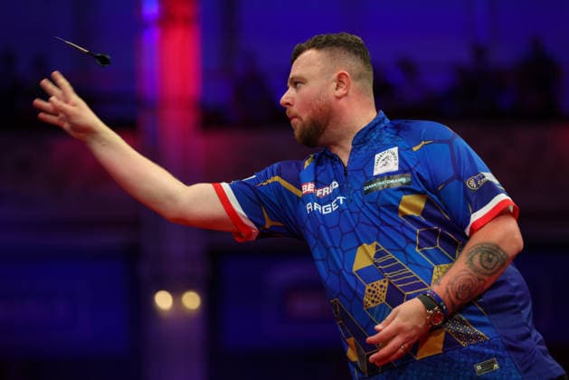 RECORD DATE NOT STATED 21st July 2026, Winter Gardens, Blackpool, Lancashire, England; 2026 Betfred World Matchplay Darts, Day Four; Josh Rock in action at the oche during his game against Stephen Bunting AidanxHunter