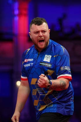 RECORD DATE NOT STATED 21st July 2026, Winter Gardens, Blackpool, Lancashire, England; 2026 Betfred World Matchplay Darts, Day Four; Josh Rock reacts during his game against Stephen Bunting AidanxHunter
