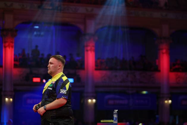 RECORD DATE NOT STATED 21st July 2026, Winter Gardens, Blackpool, Lancashire, England; 2026 Betfred World Matchplay Darts, Day Four; Luke Littler with a view of Winter Gardens behind him AidanxHunter