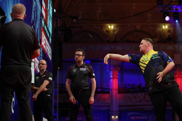 RECORD DATE NOT STATED 21st July 2026, Winter Gardens, Blackpool, Lancashire, England; 2026 Betfred World Matchplay Darts, Day Four; Luke Littler in action at the oche during his game against Nathan Aspinall AidanxHunter