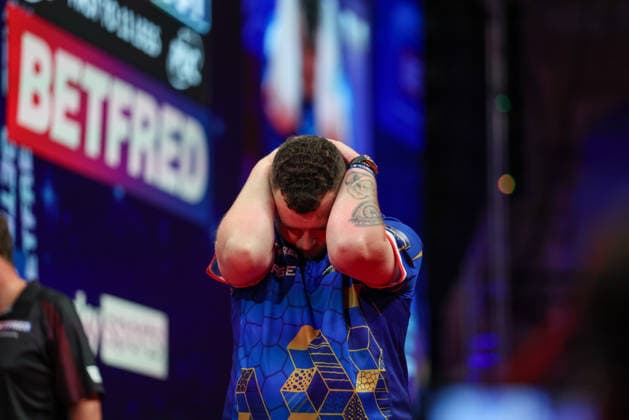 RECORD DATE NOT STATED 21st July 2026, Winter Gardens, Blackpool, Lancashire, England; 2026 Betfred World Matchplay Darts, Day Four; Josh Rock celebrates after winning his game against Stephen Bunting AidanxHunter