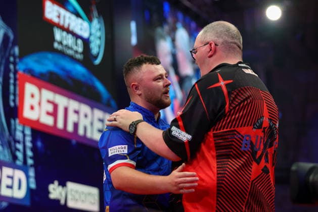 RECORD DATE NOT STATED 21st July 2026, Winter Gardens, Blackpool, Lancashire, England; 2026 Betfred World Matchplay Darts, Day Four; Josh Rock and Stephen Bunting after their game in which Josh Rock won AidanxHunter