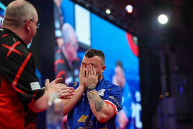 RECORD DATE NOT STATED 21st July 2026, Winter Gardens, Blackpool, Lancashire, England; 2026 Betfred World Matchplay Darts, Day Four; Josh Rock reacts emotionally after winning his game against Stephen Bunting AidanxHunter