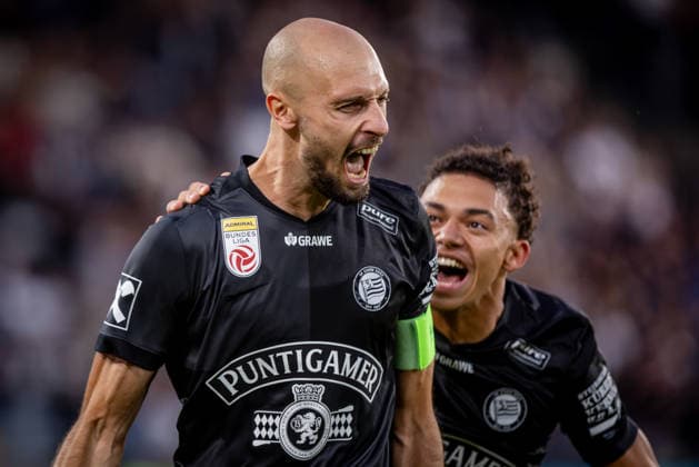 STURM GRAZ - HEARTS Jon Gorenc Stankovic of Sturm celebrates a goal during the first leg of second qualifying round of UEFA Champions League football match between Sturm Graz and Heart of Midlothian FC at the Merkur Arena (Stadion Graz Liebenau). Graz, Austria, July 21, 2026. Photo by Branislav Racko Copyright: xx 080A1352