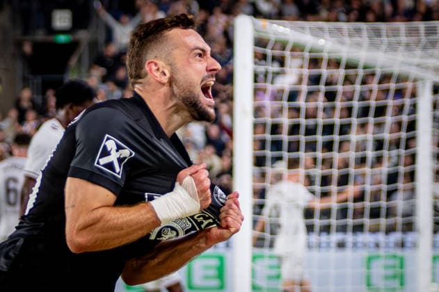 STURM GRAZ - HEARTS Jurgen Heil of Sturm celebrates a goal during the first leg of second qualifying round of UEFA Champions League football match between Sturm Graz and Heart of Midlothian FC at the Merkur Arena (Stadion Graz Liebenau). Graz, Austria, July 21, 2026. Photo by Branislav Racko Copyright: xx _BRR6438