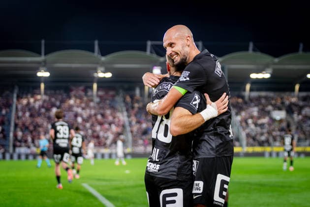 STURM GRAZ - HEARTS Jurgen Heil of Sturm celebrates a goal with Jon Gorenc Stankovic during the first leg of second qualifying round of UEFA Champions League football match between Sturm Graz and Heart of Midlothian FC at the Merkur Arena (Stadion Graz Liebenau). Graz, Austria, July 21, 2026. Photo by Branislav Racko Copyright: xx _BRR6492