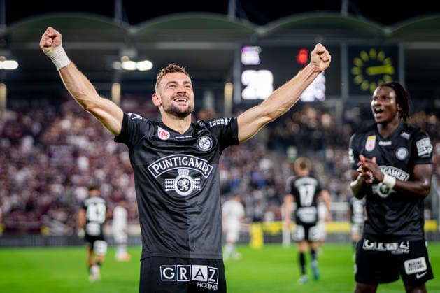 STURM GRAZ - HEARTS Jurgen Heil of Sturm celebrates a goal during the first leg of second qualifying round of UEFA Champions League football match between Sturm Graz and Heart of Midlothian FC at the Merkur Arena (Stadion Graz Liebenau). Graz, Austria, July 21, 2026. Photo by Branislav Racko Copyright: xx _BRR6509