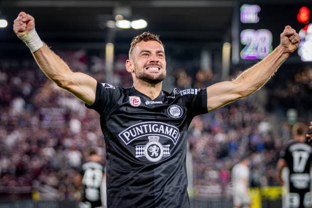 STURM GRAZ - HEARTS Jurgen Heil of Sturm celebrates a goal during the first leg of second qualifying round of UEFA Champions League football match between Sturm Graz and Heart of Midlothian FC at the Merkur Arena (Stadion Graz Liebenau). Graz, Austria, July 21, 2026. Photo by Branislav Racko Copyright: xx _BRR6515