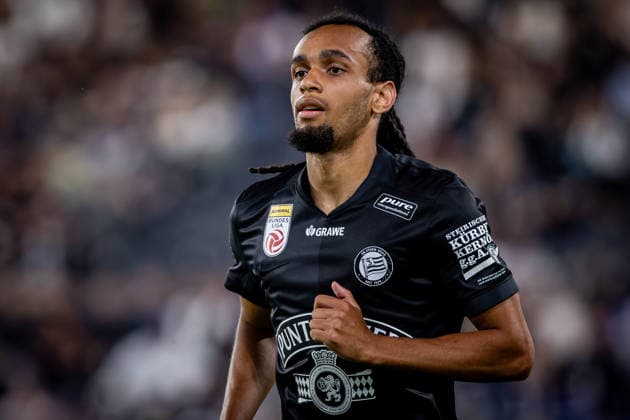 STURM GRAZ - HEARTS Emran Soglo of Sturm and XY of Hearts during the first leg of second qualifying round of UEFA Champions League football match between Sturm Graz and Heart of Midlothian FC at the Merkur Arena (Stadion Graz Liebenau). Graz, Austria, July 21, 2026. Photo by Branislav Racko Copyright: xx 080A1897