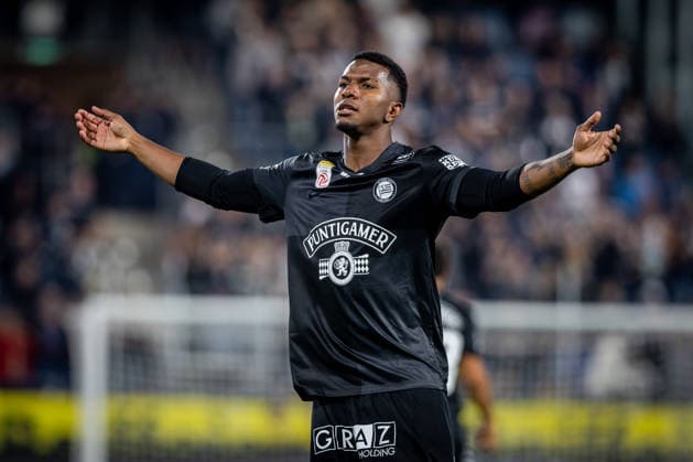 STURM GRAZ - HEARTS Jeyland Mitchell of Sturm celebrates a goal during the first leg of second qualifying round of UEFA Champions League football match between Sturm Graz and Heart of Midlothian FC at the Merkur Arena (Stadion Graz Liebenau). Graz, Austria, July 21, 2026. Photo by Branislav Racko Copyright: xx 080A2008