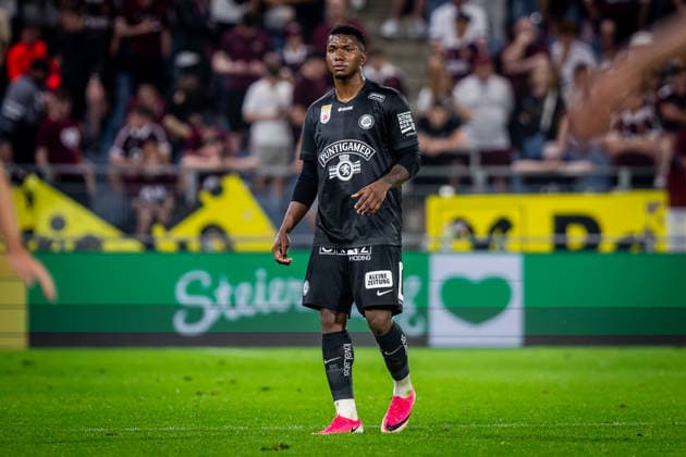 STURM GRAZ - HEARTS Jeyland Mitchell of Sturm during the first leg of second qualifying round of UEFA Champions League football match between Sturm Graz and Heart of Midlothian FC at the Merkur Arena (Stadion Graz Liebenau). Graz, Austria, July 21, 2026. Photo by Branislav Racko Copyright: xx 080A2644