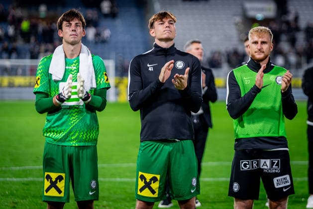 STURM GRAZ - HEARTS Daniil Khudyakov of Sturm, Elias Lorentz, Gabriel Haider during the first leg of second qualifying round of UEFA Champions League football match between Sturm Graz and Heart of Midlothian FC at the Merkur Arena (Stadion Graz Liebenau). Graz, Austria, July 21, 2026. Photo by Branislav Racko Copyright: xx _BRR6651