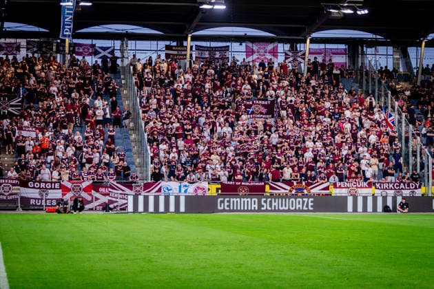 STURM GRAZ - HEARTS Fans of Hearts during the first leg of second qualifying round of UEFA Champions League football match between Sturm Graz and Heart of Midlothian FC at the Merkur Arena (Stadion Graz Liebenau). Graz, Austria, July 21, 2026. Photo by Branislav Racko Copyright: xx _BRR6233