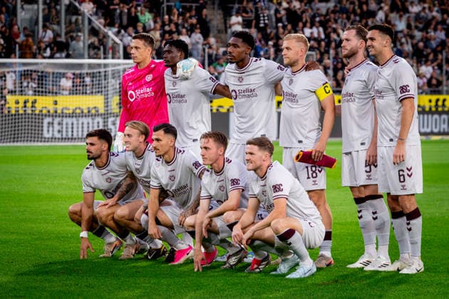 STURM GRAZ - HEARTS Team photo - starting lineup of Hearts - Alexander Schwolow, Christian Borchgrevink, Jamie McCart, Oisin McEntee, Calvin Miller, Claudio Braga, Pierre Landry Kabore, Blair Spittal, Harry Milne, Malachi Fagan Walcott, Alexandros Kyziridis during the first leg of second qualifying round of UEFA Champions League football match between Sturm Graz and Heart of Midlothian FC at the Merkur Arena (Stadion Graz Liebenau). Graz, Austria, July 21, 2026. Photo by Branislav Racko Copyright: xx _BRR6241