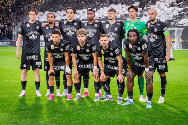 STURM GRAZ - HEARTS Team photo - starting lineup of Sturm - Danil Khudyakov, Jeyland Mitchell, Jon Gorenc Stankovic, Albert Vallci, Szymon Wlodarczyk, Emran Soglo, Simon Seidl, Seedy Jatta, Jurgen Heil, Luca Weinhandl, Jacob Peter Hodl - during the first leg of second qualifying round of UEFA Champions League football match between Sturm Graz and Heart of Midlothian FC at the Merkur Arena (Stadion Graz Liebenau). Graz, Austria, July 21, 2026. Photo by Branislav Racko Copyright: xx _BRR6258