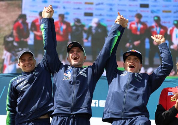 July 21, 2026, Oklahoma City, Oklahoma, USA: LAN TOMINC, PETER KAUZER, ZIGA LIN HOCEVAR of Slovenia gold medalist of Men Kayak Teams on 2026 ICF Canoe Slalom World Championships, Oklahoma City, USA. Oklahoma City USA - ZUMAc278 20260721_zsp_c278_016 Copyright: xMarcinxCholewinskix