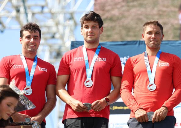 July 21, 2026, Oklahoma City, Oklahoma, USA: GELINDO CHIARELLO, JAN ROHER, MARTIN DOUGOUD of Switzerland silver medalist of Men Kayak Teams on 2026 ICF Canoe Slalom World Championships, Oklahoma City, USA. Oklahoma City USA - ZUMAc278 20260721_zsp_c278_018 Copyright: xMarcinxCholewinskix