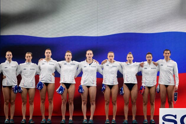 Water polo, Wasserball WORLD CUP NETHERLANDS RUSSIA, Russia sing the anthem before the Water Polo World Cup Womens Quarter Final match between the Netherlands and Russia at Sydney Olympic Park Aquatic Centre in Sydney, Wednesday, July 22, 2026. ( NO ARCHIVING, EDITORIAL USE ONLY SYDNEY NEW SOUTH WALES AUSTRALIA  Copyright: xSTEVExMARKHAMx 20260722131160604489