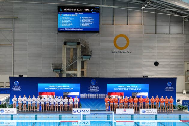 Water polo, Wasserball WORLD CUP NETHERLANDS RUSSIA, Russia and Netherlands stand before the Water Polo World Cup Womens Quarter Final match between the Netherlands and Russia at Sydney Olympic Park Aquatic Centre in Sydney, Wednesday, July 22, 2026. ( NO ARCHIVING, EDITORIAL USE ONLY SYDNEY NEW SOUTH WALES AUSTRALIA  Copyright: xSTEVExMARKHAMx 20260722116469655881