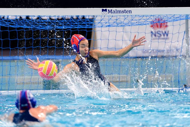 Water polo, Wasserball WORLD CUP NETHERLANDS RUSSIA, Diana Khamraeva of Russia looks to save a shot at goal during the Water Polo World Cup Womens Quarter Final match between the Netherlands and Russia at Sydney Olympic Park Aquatic Centre in Sydney, Wednesday, July 22, 2026. ( NO ARCHIVING, EDITORIAL USE ONLY SYDNEY NEW SOUTH WALES AUSTRALIA  Copyright: xSTEVExMARKHAMx 20260722194373598628