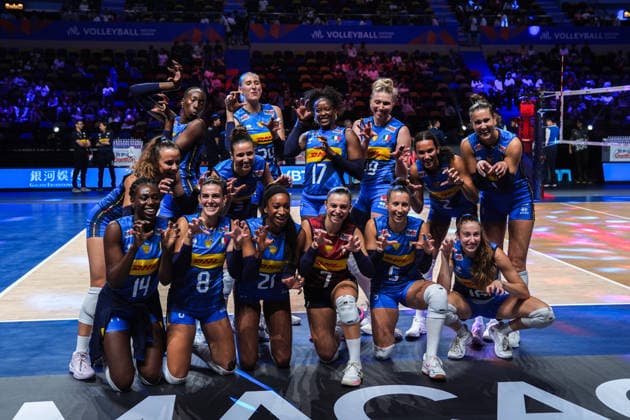 Italy v Netherlands - 2026 FIVB Women s Volleyball Nations League ?????? MACAU, CHINA - JULY 22: Players of Italy celebrate victory after the 2026 FIVB Women s Volleyball Nations League quarter-final match between Italy and Netherlands at East Asian Games Dome in Macau, China on July 22, 2026. Dilara Irem Sancar Anadolu Macau China. Editorial use only. Please get in touch for any other usage.  Copyright: x2026xAnadoluxDilaraxIremxSancarx