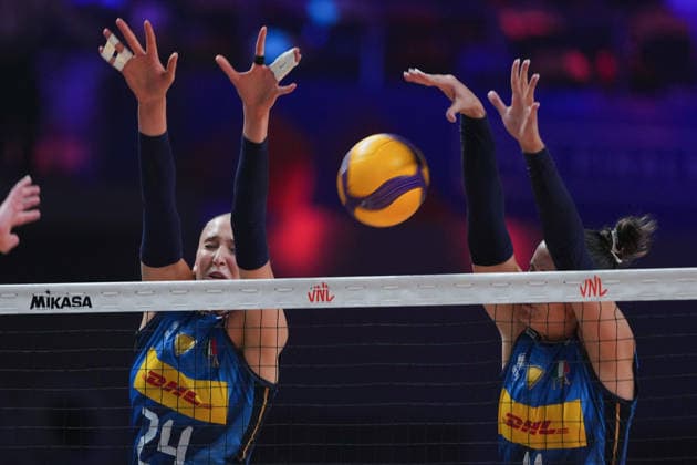 RECORD DATE NOT STATED Women s Volleyball Nations League (VNL) 2026 Finals - Italy VS Netherlands Ekaterina Antropova(No.24) and Anna Danesi(No.11) from team Italy during a match of Italy and Netherlands at Women s Volleyball Nations League (VNL) 2026 Finals on July 22, 2026 in Macau. (Photo by Ellan Mad Nexpher Images) Macau