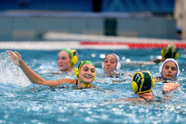Water polo, Wasserball WORLD CUP AUSTRALIA ITALY, Bronte Halligan of Australia celebrates the win after the Water Polo World Cup Womens Quarter Final match between Australia and Italy at Sydney Olympic Park Aquatic Centre in Sydney, Wednesday, July 22, 2026. ( NO ARCHIVING, EDITORIAL USE ONLY SYDNEY NEW SOUTH WALES AUSTRALIA  Copyright: xSTEVExMARKHAMx 20260722174716839890