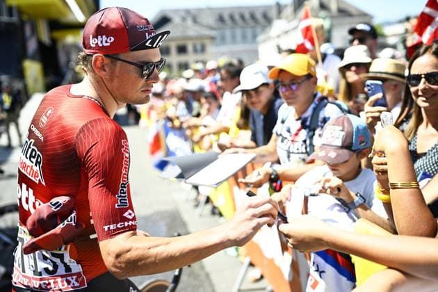 French Baptiste Veistroffer of Lotto Intermarche signs autographes before the start of stage 17 of the 2026 Tour de France cycling race, a stage of 175km from Chambery to Voiron, on Wednesday 22 July 2026. The 113th edition of the Tour de France starts on Saturday 4 July in Barcelona, Spain, and will finish in Paris, France on the 26th of July. JASPERxJACOBS  x181736313x