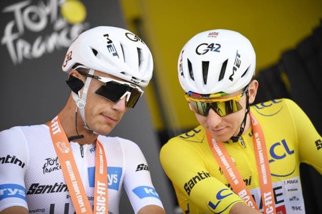 Mexican Isaac Del Toro of UAE Team Emirates XRG and Slovenian Tadej Pogacar of UAE Team Emirates XRG pictured before the start of stage 17 of the 2026 Tour de France cycling race, a stage of 175km from Chambery to Voiron, on Wednesday 22 July 2026. The 113th edition of the Tour de France starts on Saturday 4 July in Barcelona, Spain, and will finish in Paris, France on the 26th of July. JASPERxJACOBS  x181738791x