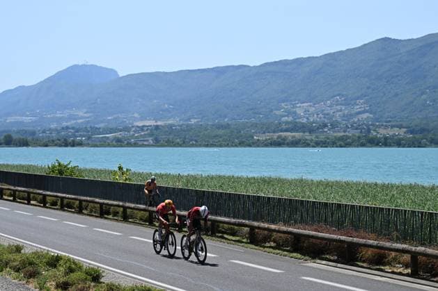 Norwegian Jonas Abrahamsen of Uno-X Mobility and French Baptiste Veistroffer of Lotto Intermarche pictured in action during stage 17 of the 2026 Tour de France cycling race, a stage of 175km from Chambery to Voiron, on Wednesday 22 July 2026. The 113th edition of the Tour de France starts on Saturday 4 July in Barcelona, Spain, and will finish in Paris, France on the 26th of July. DAVIDxPINTENS  x181740279x