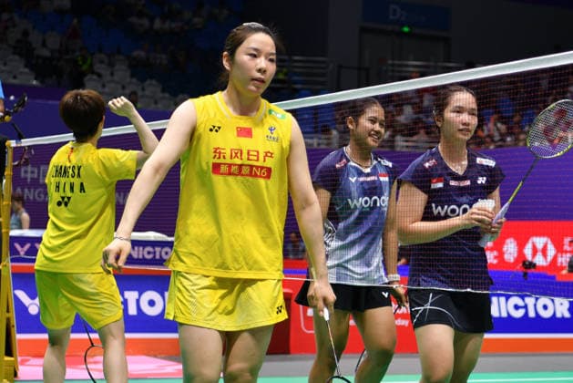 CHANGZHOU, CHINA - JULY 22: Jia Yifan and Zhang Shuxian of China and Rachel Allessya Rose and Febi Setianingrum of Indonesia react after the Women s Doubles Round of 32 match on day 2 of the China Open 2026 at Changzhou Olympic Sports Center Gymnasium on July 22, 2026 in Changzhou, Jiangsu Province of China.  Copyright: xVCGx 111655750229