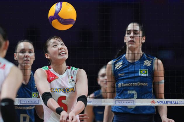 RECORD DATE NOT STATED Women s Volleyball Nations League (VNL) 2026 Finals - Brazil VS Japan Roberta Silva Ratzke(No.9), Macris Fernanda Silva Carneiro (No.3) from team Brazil and Nanami Seki (No.6) from team Japan during a match of Brazil and Japan at Women s Volleyball Nations League (VNL) 2026 Finals on July 22, 2026 in Macau. (Photo by Ellan Mad Nexpher Images) Macau