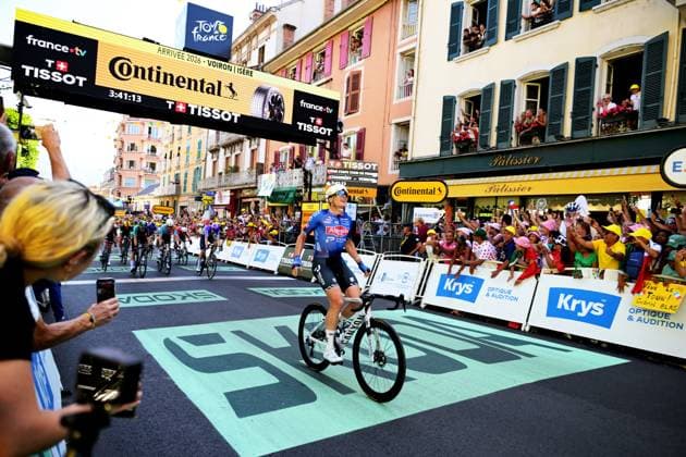 Belgian Jasper Philipsen of Alpecin-Premier Tech crosses the finish line to win stage 17 of the 2026 Tour de France cycling race, a stage of 175km from Chambery to Voiron, on Wednesday 22 July 2026. The 113th edition of the Tour de France starts on Saturday 4 July in Barcelona, Spain, and will finish in Paris, France on the 26th of July. DAVIDxPINTENS  x181763754x
