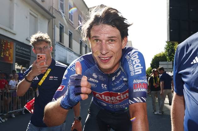 Belgian Jasper Philipsen of Alpecin-Premier Tech celebrates after winning stage 17 of the 2026 Tour de France cycling race, a stage of 175km from Chambery to Voiron, on Wednesday 22 July 2026. The 113th edition of the Tour de France starts on Saturday 4 July in Barcelona, Spain, and will finish in Paris, France on the 26th of July. POOLxLUCAxBETTINI  x181763829x