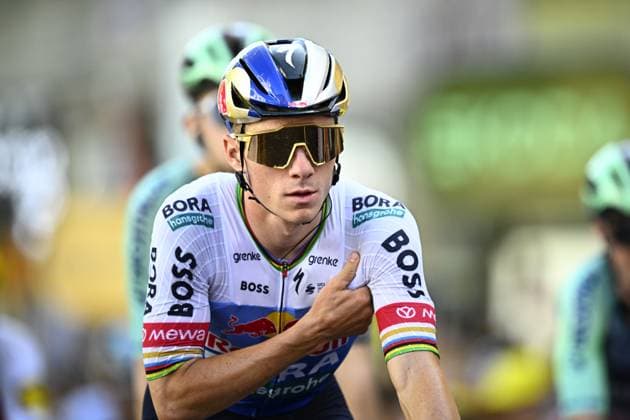 Belgian Remco Evenepoel of Red Bull-BORA-hansgrohe crosses the finish line of stage 17 of the 2026 Tour de France cycling race, a stage of 175km from Chambery to Voiron, on Wednesday 22 July 2026. The 113th edition of the Tour de France starts on Saturday 4 July in Barcelona, Spain, and will finish in Paris, France on the 26th of July. JASPERxJACOBS  x181764119x