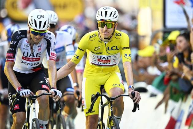 Slovenian Tadej Pogacar of UAE Team Emirates XRG crosses the finish line of stage 17 of the 2026 Tour de France cycling race, a stage of 175km from Chambery to Voiron, on Wednesday 22 July 2026. The 113th edition of the Tour de France starts on Saturday 4 July in Barcelona, Spain, and will finish in Paris, France on the 26th of July. JASPERxJACOBS  x181764122x