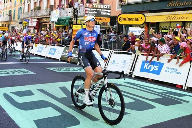 Belgian Jasper Philipsen of Alpecin-Premier Tech crosses the finish line to win stage 17 of the 2026 Tour de France cycling race, a stage of 175km from Chambery to Voiron, on Wednesday 22 July 2026. The 113th edition of the Tour de France starts on Saturday 4 July in Barcelona, Spain, and will finish in Paris, France on the 26th of July. DAVIDxPINTENS  x181764150x
