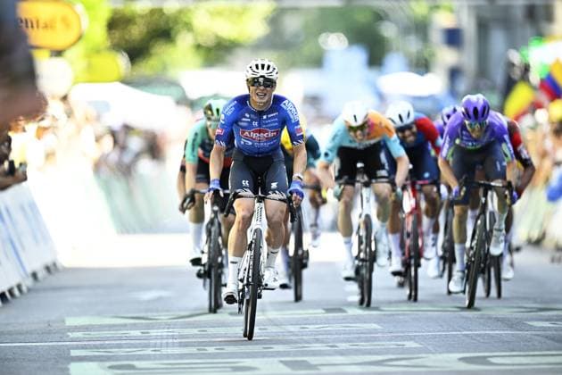 Belgian Jasper Philipsen of Alpecin-Premier Tech crosses the finish line to win stage 17 of the 2026 Tour de France cycling race, a stage of 175km from Chambery to Voiron, on Wednesday 22 July 2026. The 113th edition of the Tour de France starts on Saturday 4 July in Barcelona, Spain, and will finish in Paris, France on the 26th of July. JASPERxJACOBS  x181764299x