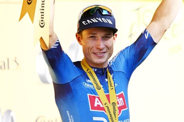 Belgian Jasper Philipsen of Alpecin-Premier Tech celebrates on the podium after winning stage 17 of the 2026 Tour de France cycling race, a stage of 175km from Chambery to Voiron, on Wednesday 22 July 2026. The 113th edition of the Tour de France starts on Saturday 4 July in Barcelona, Spain, and will finish in Paris, France on the 26th of July. DAVIDxPINTENS  x181764751x