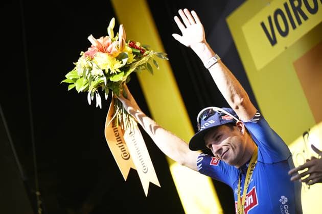 Belgian Jasper Philipsen of Alpecin-Premier Tech celebrates on the podium after winning stage 17 of the 2026 Tour de France cycling race, a stage of 175km from Chambery to Voiron, on Wednesday 22 July 2026. The 113th edition of the Tour de France starts on Saturday 4 July in Barcelona, Spain, and will finish in Paris, France on the 26th of July. JASPERxJACOBS  x181764887x