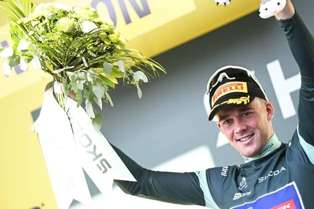 Danish Mads Pedersen of Lidl-Trek celebrates on the podium in the green jersey of leader in the sprint ranking after stage 17 of the 2026 Tour de France cycling race, a stage of 175km from Chambery to Voiron, on Wednesday 22 July 2026. The 113th edition of the Tour de France starts on Saturday 4 July in Barcelona, Spain, and will finish in Paris, France on the 26th of July. JASPERxJACOBS  x181764988x