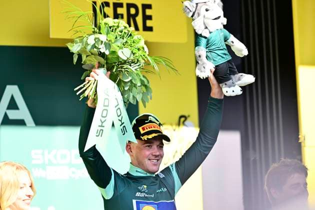 Tour de France 2026 Stage 17 VOIRON, FRANCE - JULY 22 : Pedersen Mads (DEN) of Lidl - Trek pictured with the green jersey during the podium ceremony of stage 17 of the 113rd edition of Tour de France an UCI World Tour 2.UWT cycling road race stage for Men Elite of 175 km with start in Chambery and finish in Voiron on July 22, 2026 in Voiron, France, 22 07 2026 ( Motordriver Kurt Vandenborre - Voiron France  Copyright: xPeterxDexVoechtx