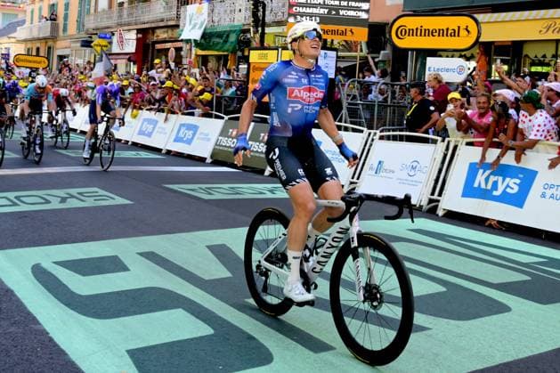 Belgian Jasper Philipsen of Alpecin-Premier Tech crosses the finish line to win stage 17 of the 2026 Tour de France cycling race, a stage of 175km from Chambery to Voiron, on Wednesday 22 July 2026. The 113th edition of the Tour de France starts on Saturday 4 July in Barcelona, Spain, and will finish in Paris, France on the 26th of July. DAVIDxPINTENS  x181768497x