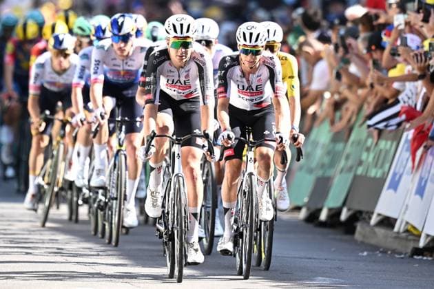 Belgian Florian Vermeersch of UAE Team Emirates XRG and Austrian Felix Grossschartner of UAE Team Emirates XRG cross the finish line of stage 17 of the 2026 Tour de France cycling race, a stage of 175km from Chambery to Voiron, on Wednesday 22 July 2026. The 113th edition of the Tour de France starts on Saturday 4 July in Barcelona, Spain, and will finish in Paris, France on the 26th of July. DAVIDxPINTENS  x181769098x